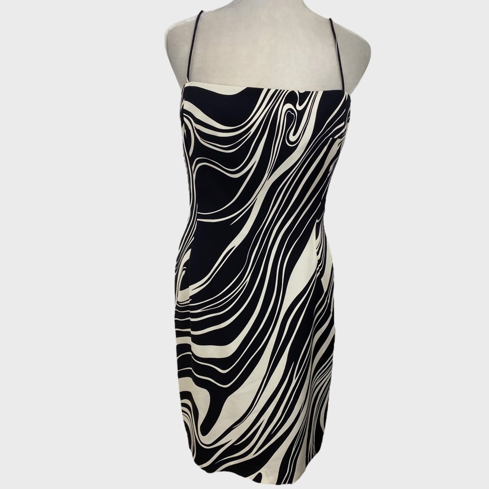 Flores & Flores Y2K Black White Funky Swirl Print Silk Dress Size 4